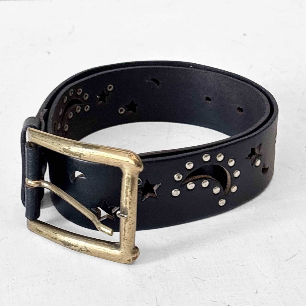 Express Vintage Black Leather Celestial Moon Star Studded Belt Made in Italy S
